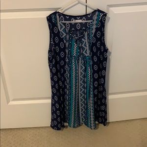 girls blue aztec print dress with lace up front